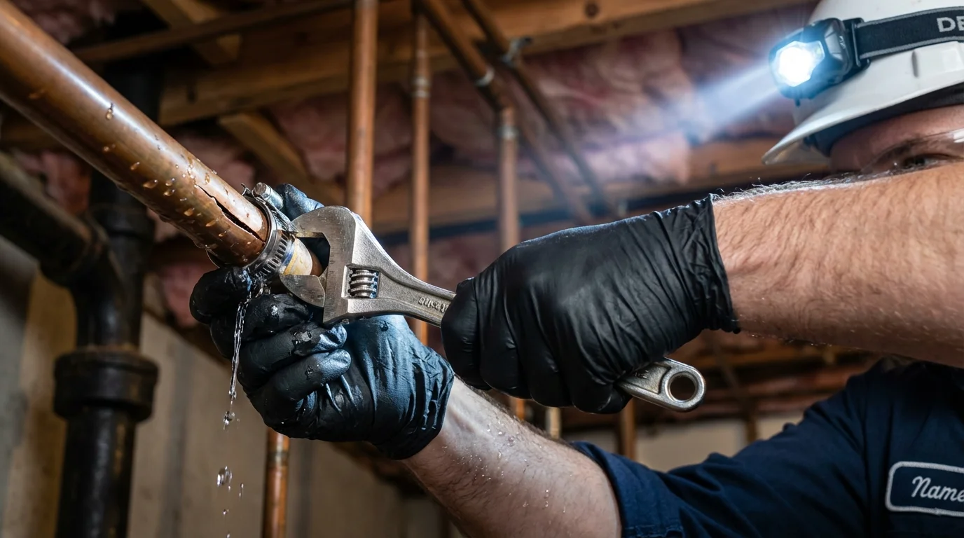 Emergency pipe clamp repair being performed by a Johns Plumbing LLC plumber in Carlisle