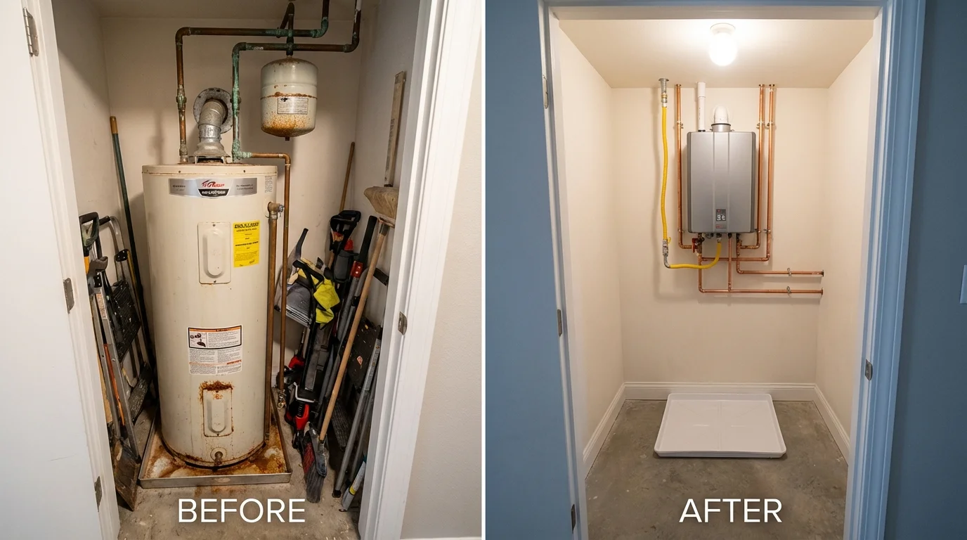 Tank water heater versus wall-mounted tankless unit comparison for Carlisle, IA homeowners