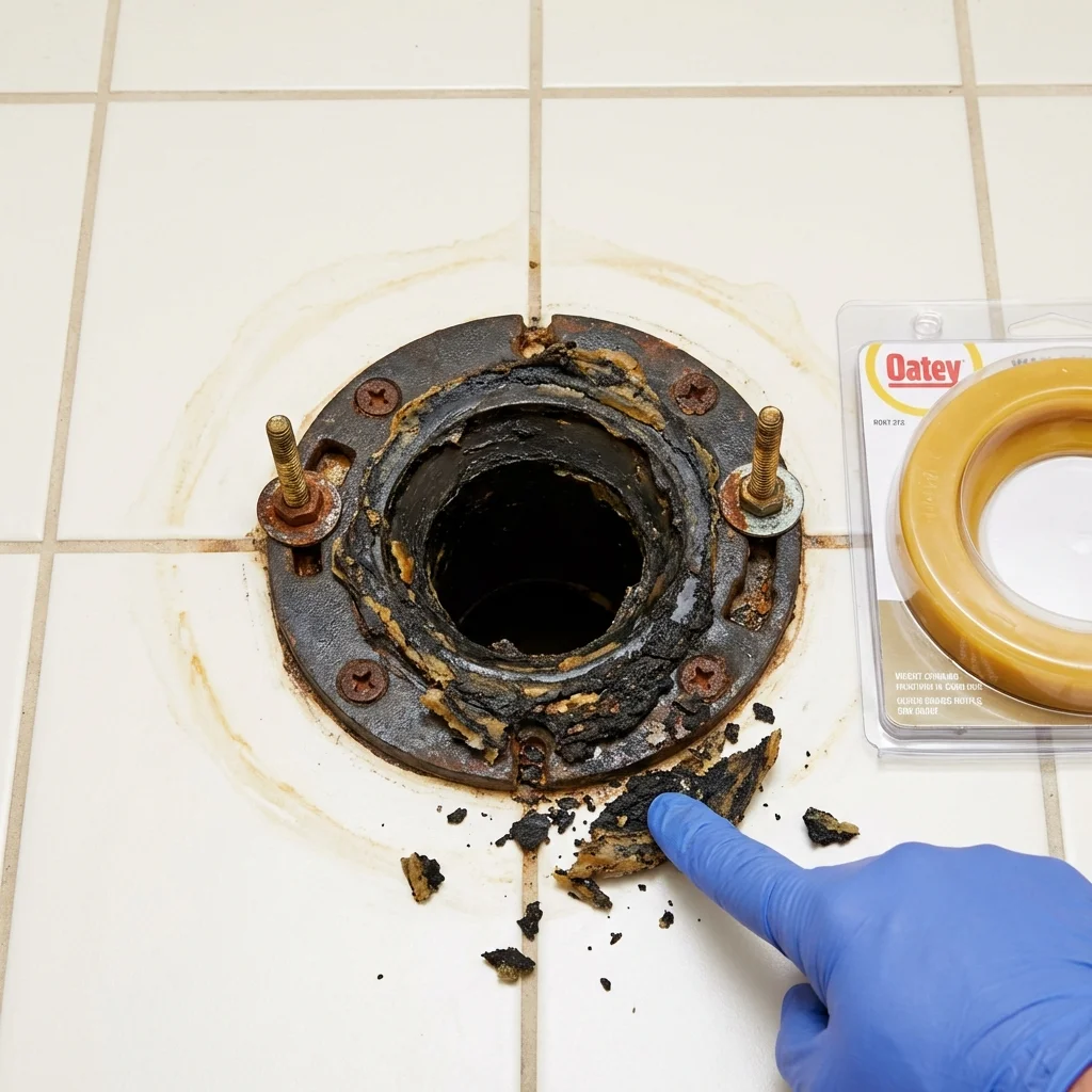 Failed wax ring showing water seepage at the base of a toilet in a Carlisle, IA home