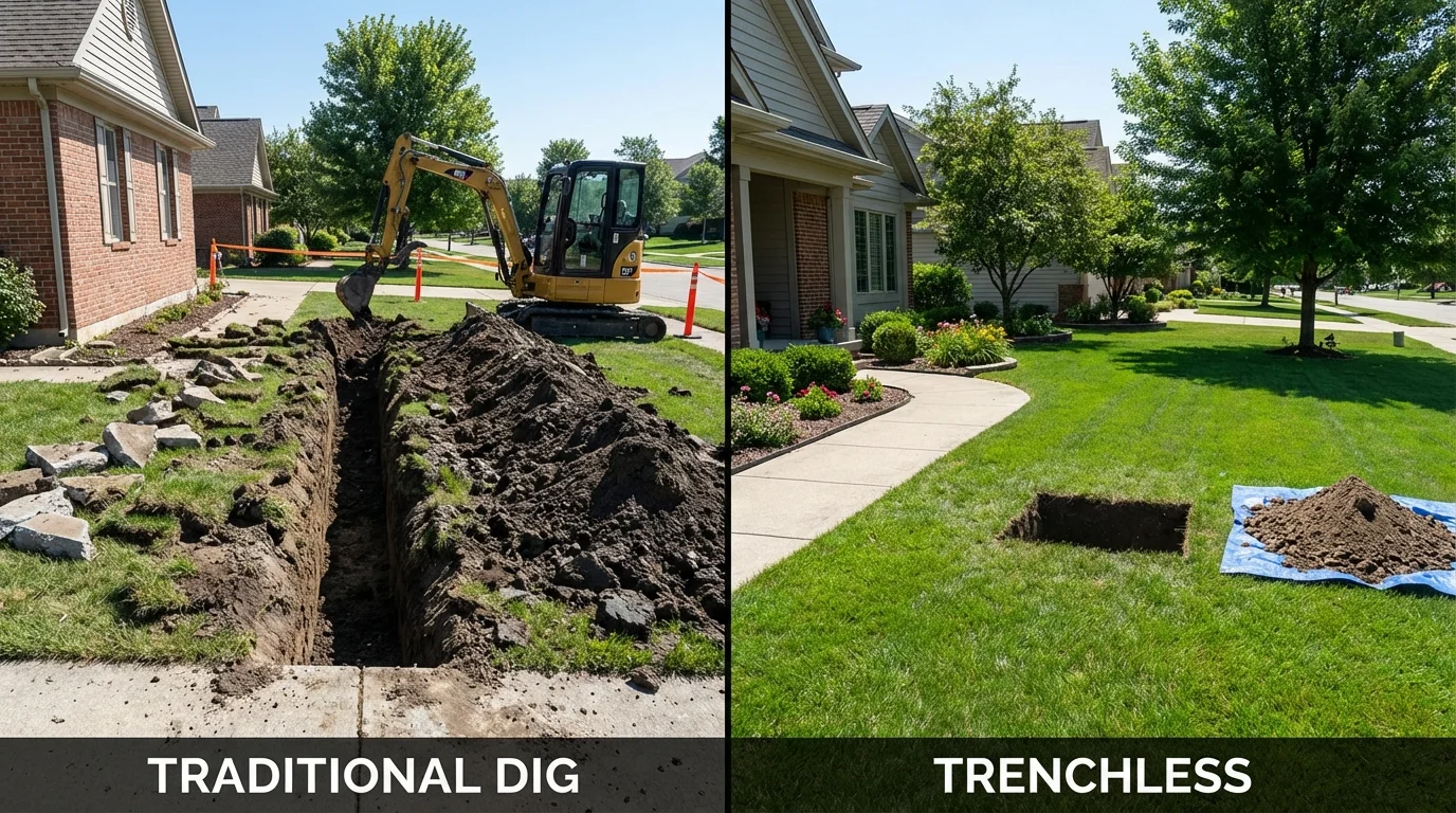 Trenchless sewer repair with minimal yard damage versus traditional excavation in Carlisle, IA