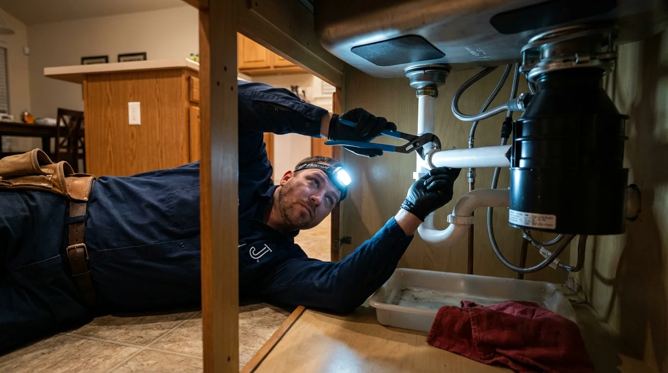 P-trap and supply line connections under a kitchen sink showing a common leak point in Carlisle, IA